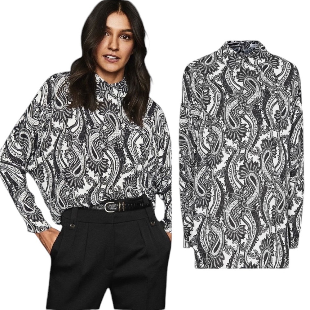 REISS Fion White & Black Paisley Printed Dolman Sleeve Collared Tunic Blouse - 2